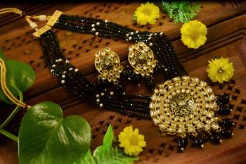 Black designer floral meenakari kundan studed onyx stone multilayer necklace set with earrings 5