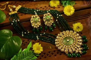 Green designer floral meenakari kundan studed onyx stone multilayer necklace set with earrings 1