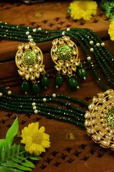 Green designer floral meenakari kundan studed onyx stone multilayer necklace set with earrings
