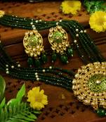 Green designer floral meenakari kundan studed onyx stone multilayer necklace set with earrings