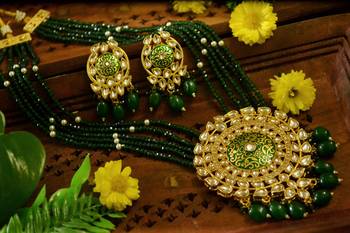 Green designer floral meenakari kundan studed onyx stone multilayer necklace set with earrings 2