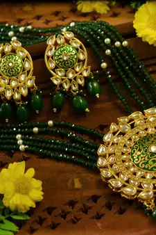 Green designer floral meenakari kundan studed onyx stone multilayer necklace set with earrings