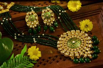 Green designer floral meenakari kundan studed onyx stone multilayer necklace set with earrings 3