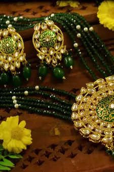 Green designer floral meenakari kundan studed onyx stone multilayer necklace set with earrings