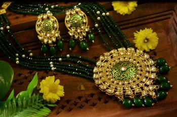 Green designer floral meenakari kundan studed onyx stone multilayer necklace set with earrings 4