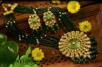 Green designer floral meenakari kundan studed onyx stone multilayer necklace set with earrings 5