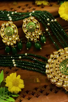 Green designer floral meenakari kundan studed onyx stone multilayer necklace set with earrings