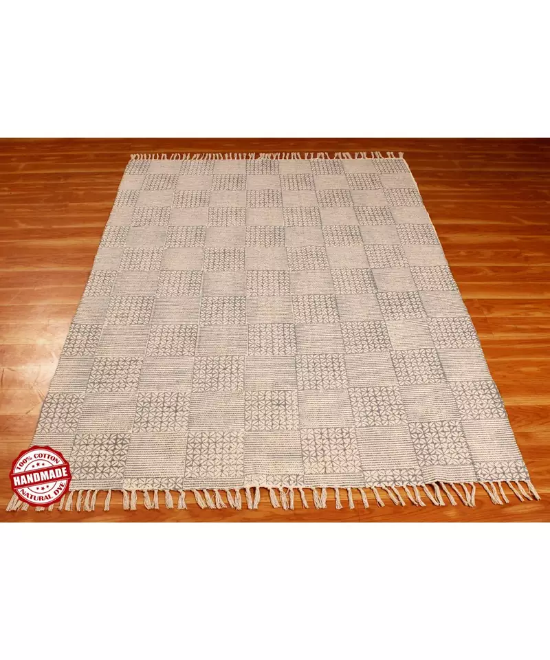 Handmade Block Printed Cotton  Bohomian Kilims Area Rugs Flatwoven Indoor Home Art Decor Carpet Throw Rug- 8x11-Feet