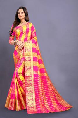 Yellow woven kanchipuram silk saree with blouse 1