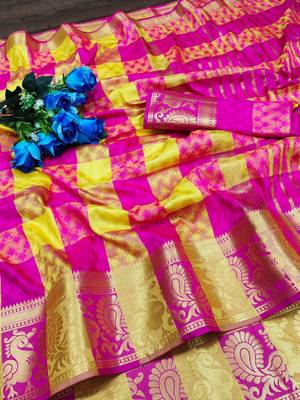 Yellow woven kanchipuram silk saree with blouse 2