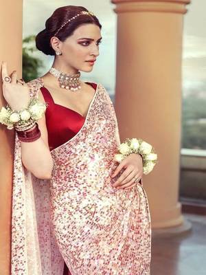 Red embroidered silk saree with blouse 1