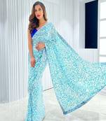 Dark blue embroidered georgette saree with blouse