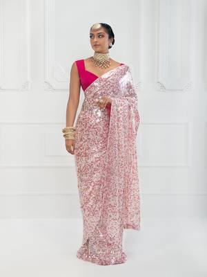 Rani pink embroidered georgette saree with blouse 1