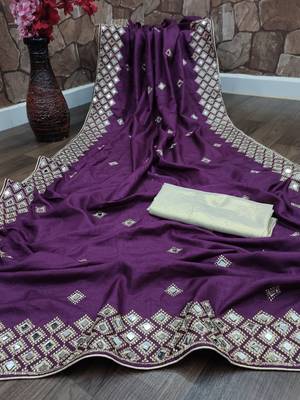 Purple embroidered silk saree with blouse 1