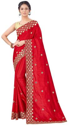 Red embroidered silk saree with blouse 1