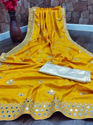 Yellow embroidered silk saree with blouse 1