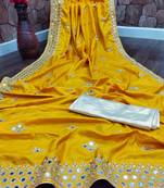 Yellow embroidered silk saree with blouse