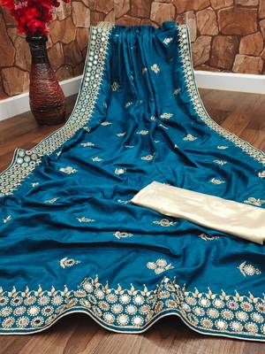 Aqua blue embroidered silk saree with blouse 1