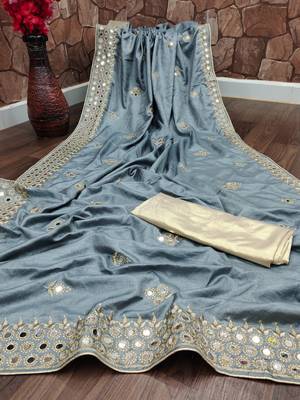 Grey embroidered silk saree with blouse 1