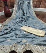 Grey embroidered silk saree with blouse