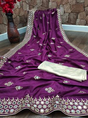 Purple embroidered silk saree with blouse 1