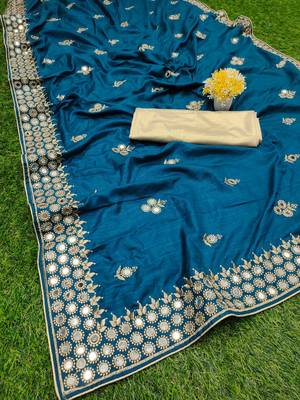 Aqua blue embroidered silk saree with blouse 1