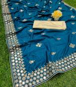 Aqua blue embroidered silk saree with blouse