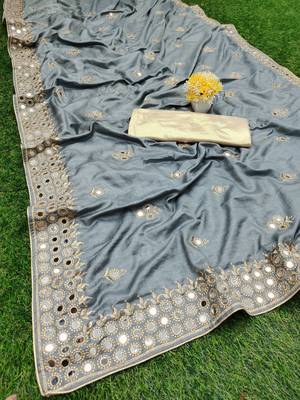 Grey embroidered silk saree with blouse 1