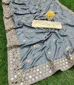 Grey embroidered silk saree with blouse