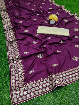 Purple embroidered silk saree with blouse 1