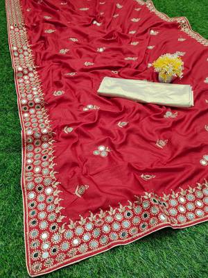Red embroidered silk saree with blouse 1