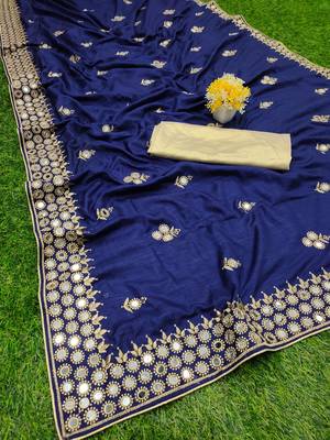 Dark blue embroidered silk saree with blouse 1