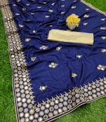 Dark blue embroidered silk saree with blouse
