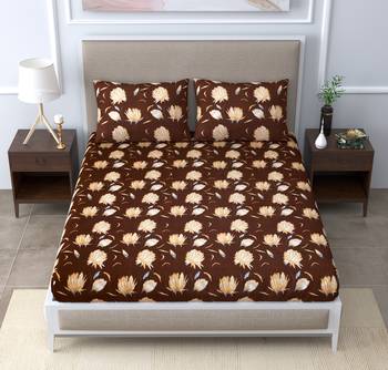 Printed Brown Color Fitted Double Bedsheet with 2 Pillow cover / 72 X 78 X 6 inch 1