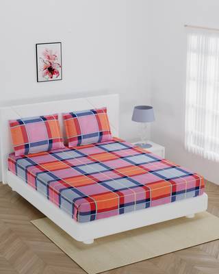 Orange Checks fitted double bedsheet with 2 pillow cover / 72 X 78 X 6 inch 1