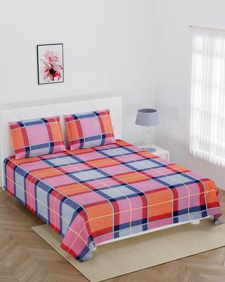 Orange Checks fitted double bedsheet with 2 pillow cover / 72 X 78 X 6 inch 2