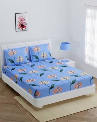 Super soft fitted double bedsheet sky blue floral print with 2 pillow cover / 72 X 78 X 6 inch 1