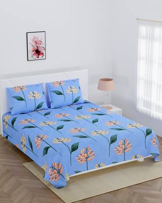 Super soft fitted double bedsheet sky blue floral print with 2 pillow cover / 72 X 78 X 6 inch 2