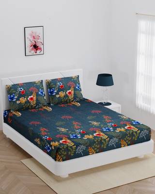 Super soft fitted double bedsheet grey color flower leaves with 2 pillow cover / 72 X 78 X 6 inch 1