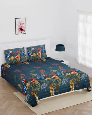 Super soft fitted double bedsheet grey color flower leaves with 2 pillow cover / 72 X 78 X 6 inch 2