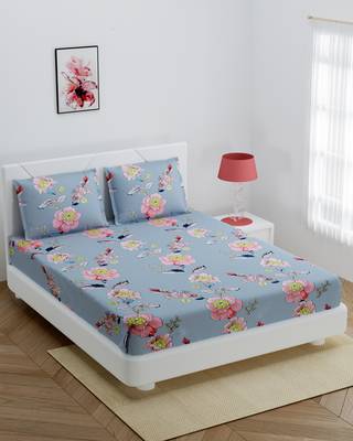 Fitted Double Bedsheet grey color with pink flower / 72 X 78 X 6 inch 1