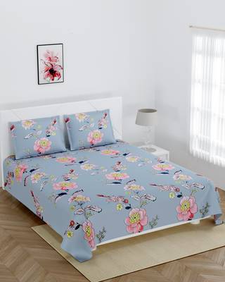 Fitted Double Bedsheet grey color with pink flower / 72 X 78 X 6 inch 2