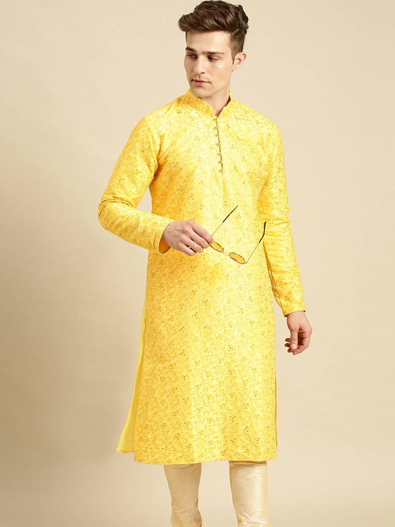 Embroidered Designer Art Silk Sunflower Color Kurta