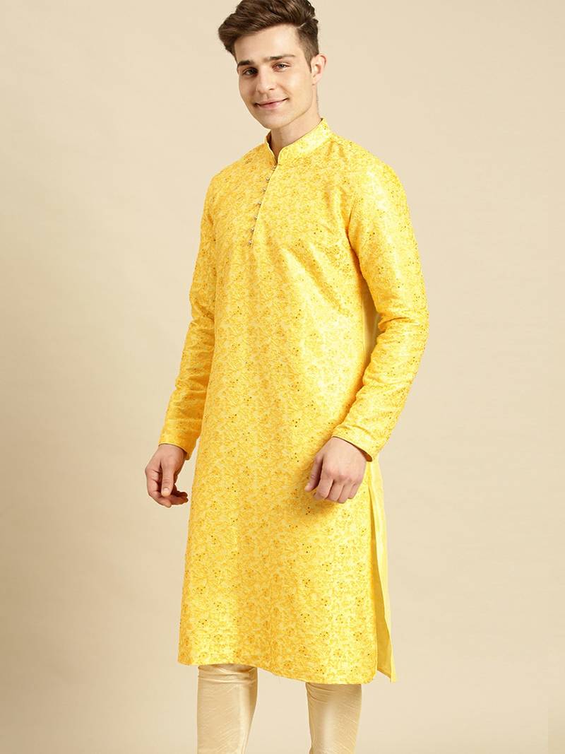 Embroidered Designer Art Silk Sunflower Color Kurta