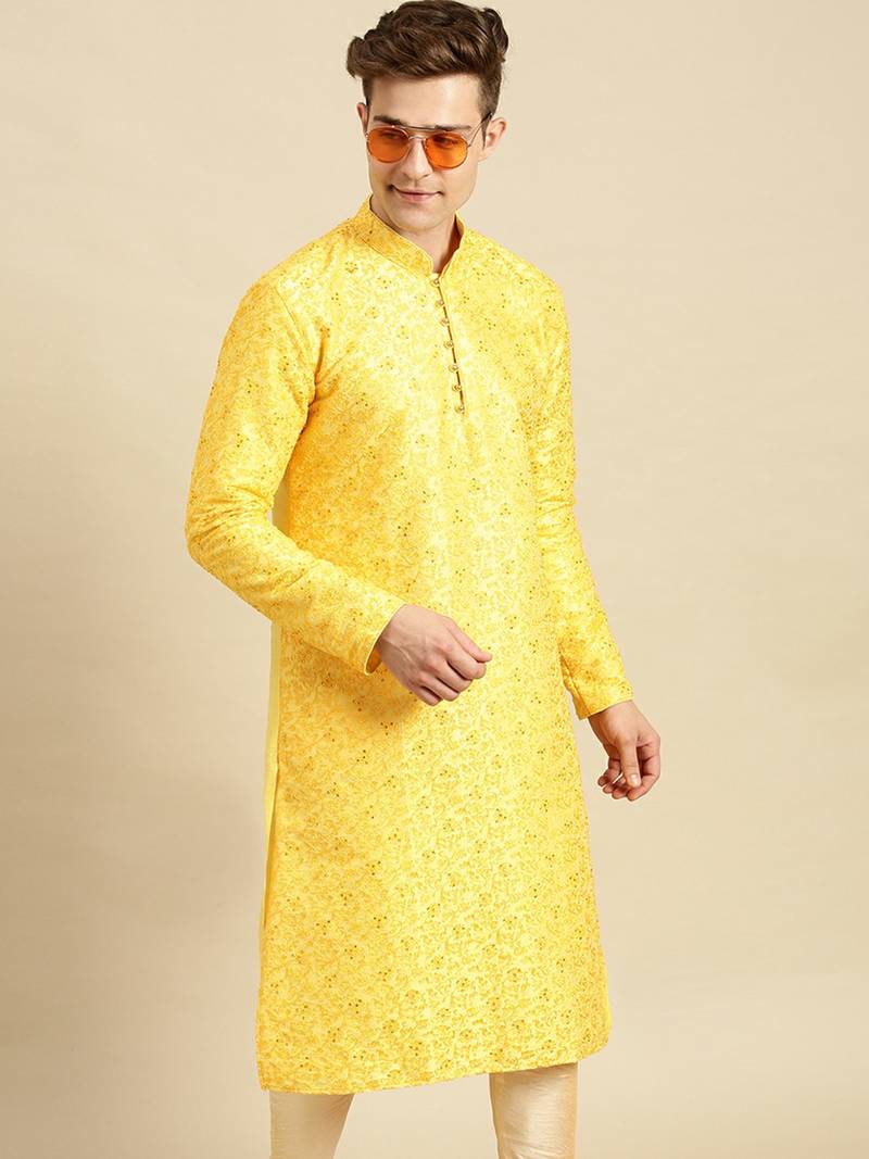 Embroidered Designer Art Silk Sunflower Color Kurta