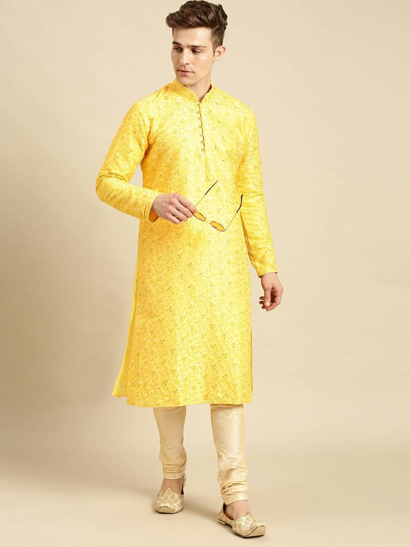 Embroidered Designer Art Silk Sunflower Color Kurta