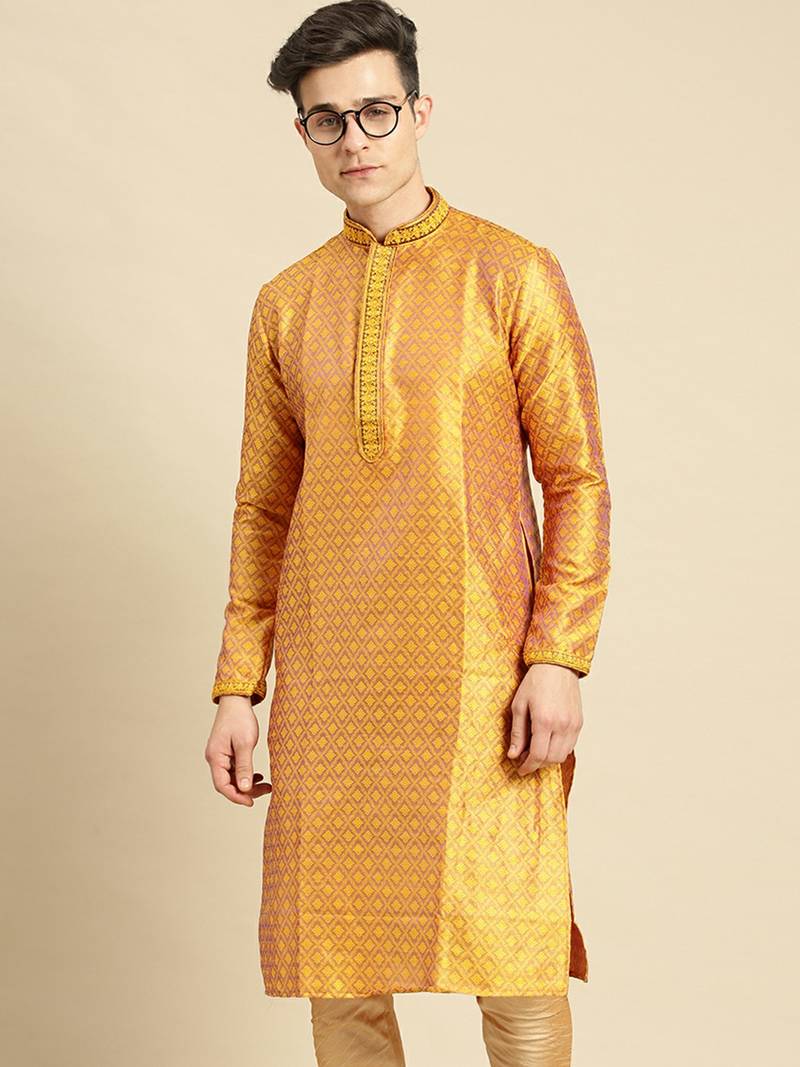 Woven Designer Jacquard Gold Color Kurta