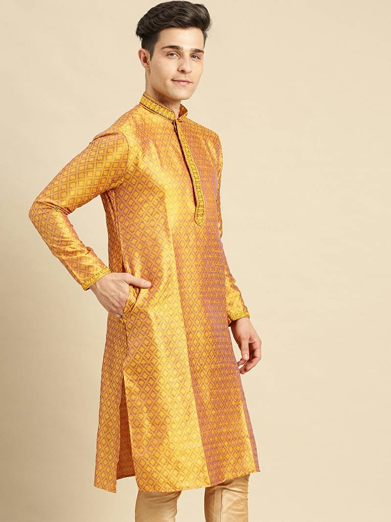 Woven Designer Jacquard Gold Color Kurta