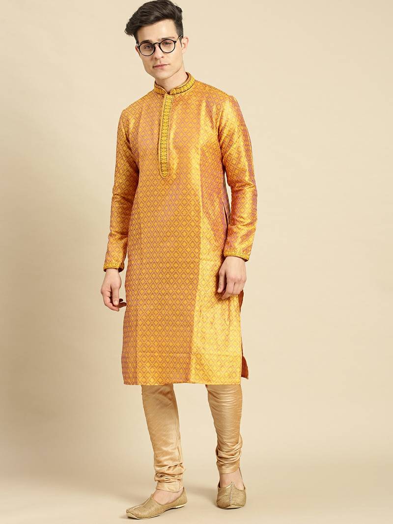 Woven Designer Jacquard Gold Color Kurta