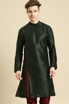 Solid Designer Art Silk Fourleaf Green Color Kurta